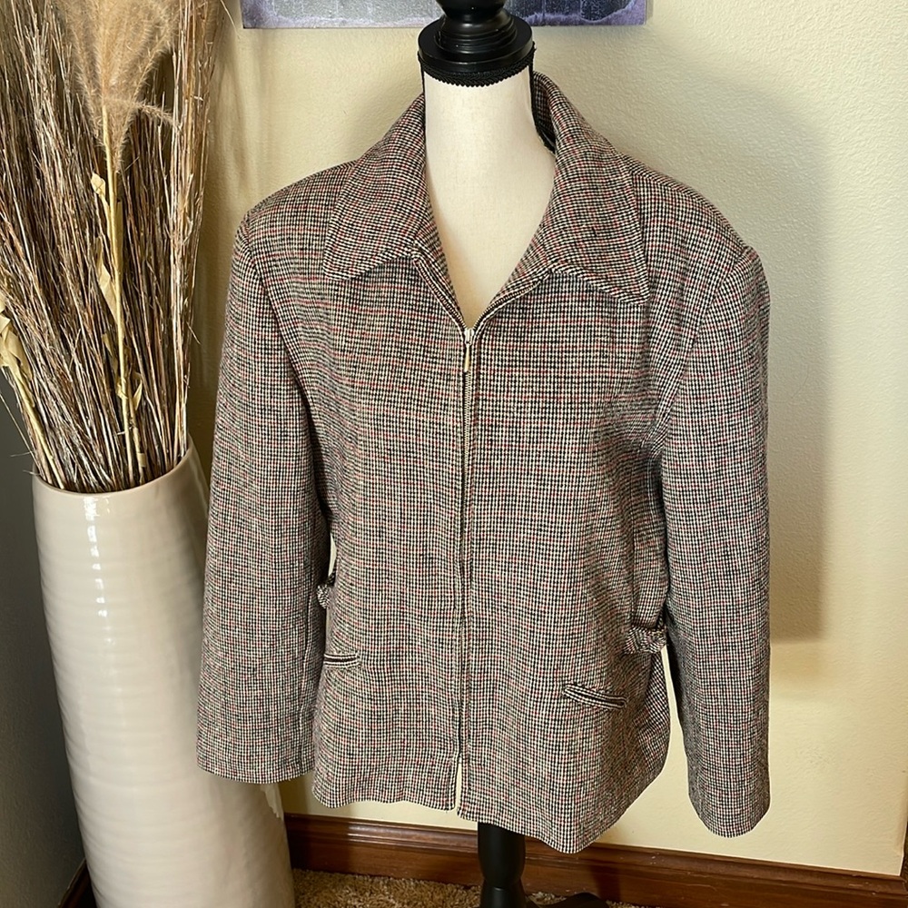 Vintage 90’s County Seat Plaid Tweed Zip-Up Wool Blazer Jacket Size Large